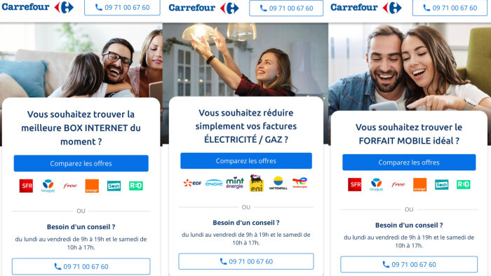 Carrefour propose un service de comparaison pour les mobiles, les box internet et l’électricité/gaz. - © D.R.