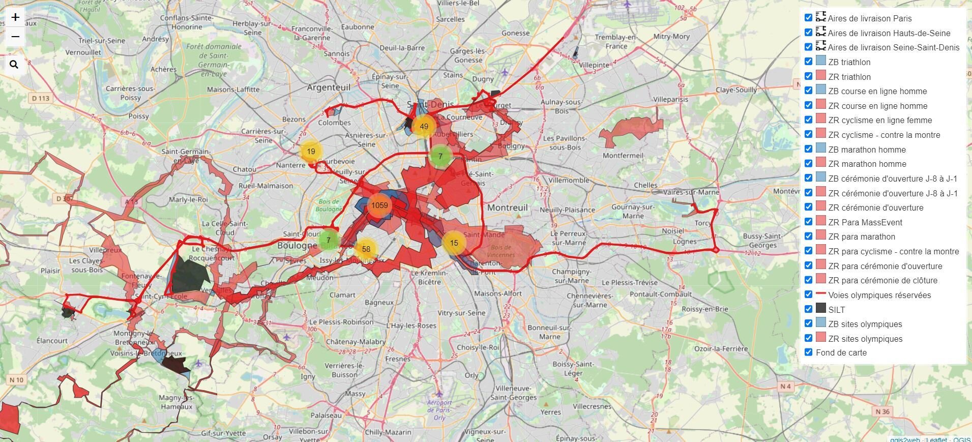 La carte Joptimiz permet de visualiser les zones rouges dues aux épreuves.  - © D.R.