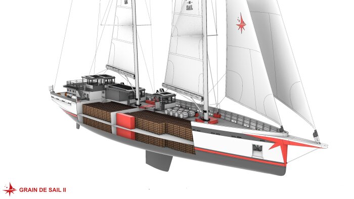Le futur Grain de Sail 2 mesurer 56 mètres et pourra transporter 238 palettes sur deux niveaux. - © L2Onaval
