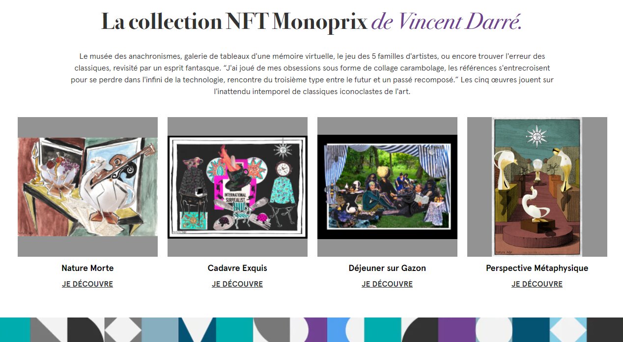 Vincent Darré a créé cinq oeuvres spécialement pour Monoprix : Cadavre exquis, Nature morte, Déjeuner sur gazon, Les mélodies et Perspective métaphysique. Ces 5 NFT seront déclinés en 18 variations chacun. - © Monoprix