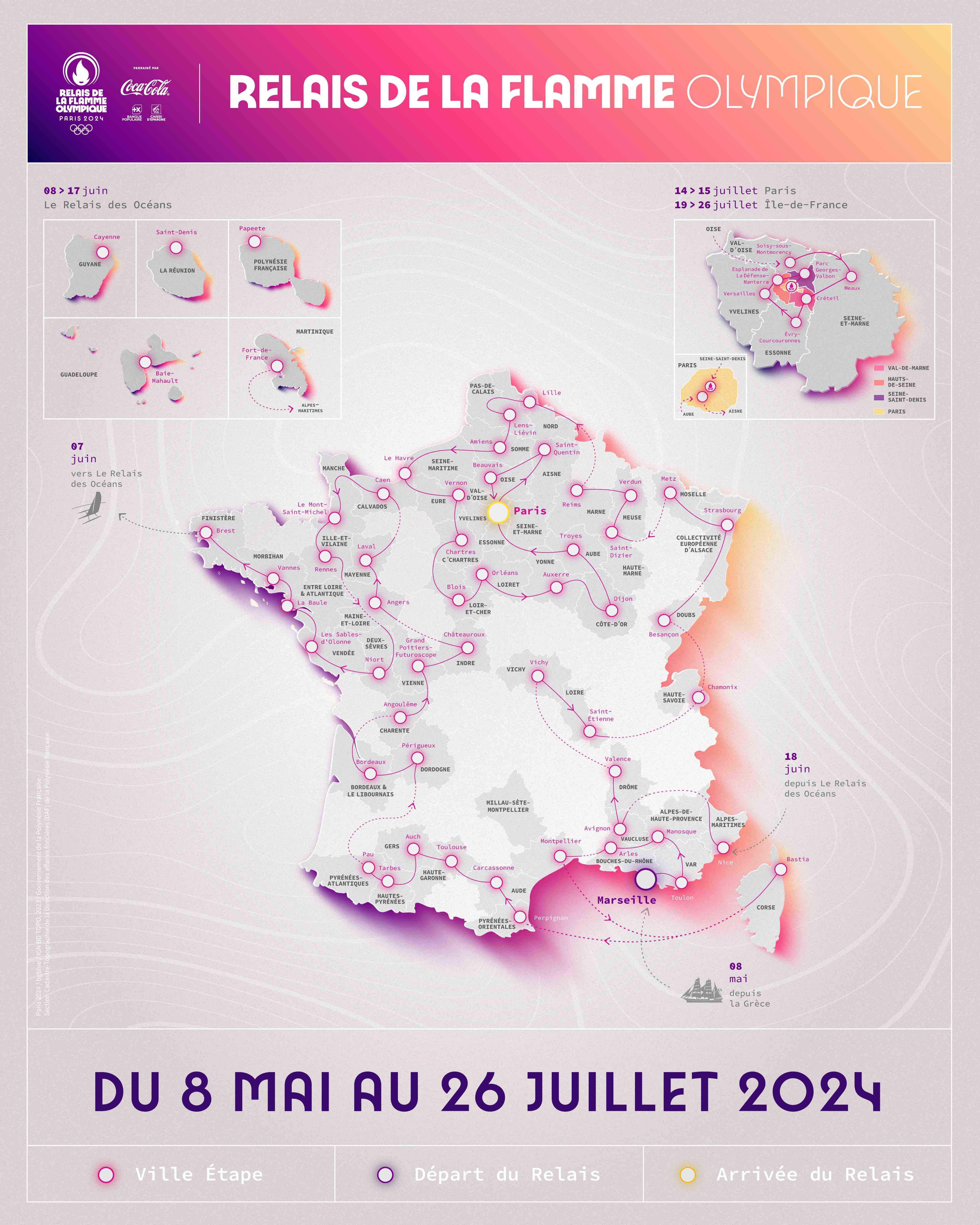 Le relais de la flamme olympique traversera 64 territoires dont 5 ultramarins - © Paris 2024