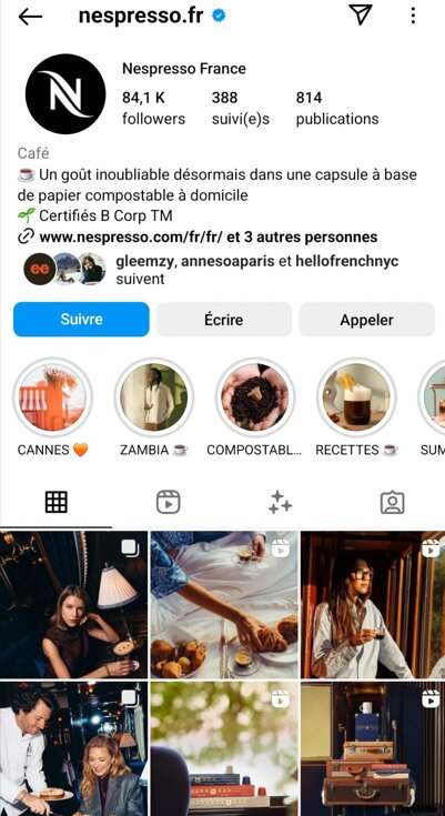 Le feed instagram de Nespesso France, dont les derniers contenus sont nourris par un voyage de luxe presse / influence en train direction Venise - © Nespresso / Instagram