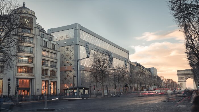 Une malle géante Louis Vuitton habille la façade du 103 avenue des Champs-Élysées en travaux - © D.R.