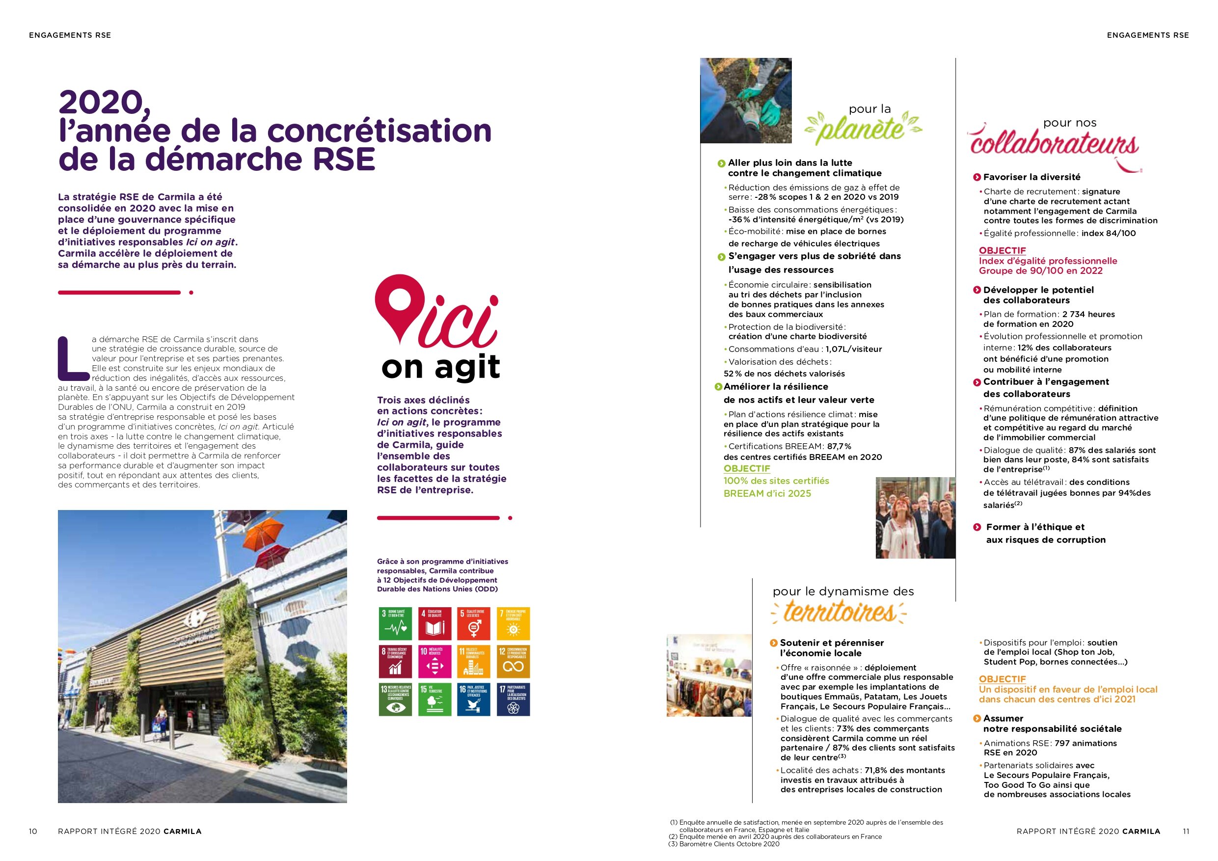 Extrait du rapport 2020 de Carmila mentionnant les objectifs RSE. - © Carmila