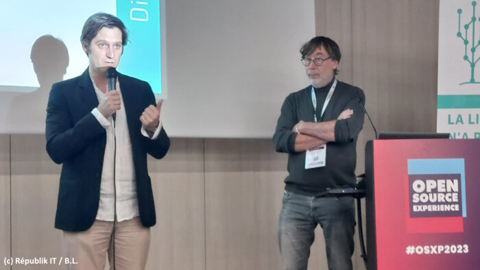 De gauche à droite : Bastien Guerry (DINUM) et Pascal Kuczynski (Adullact) sur l’édition 2023. - © Républik IT / B.L.