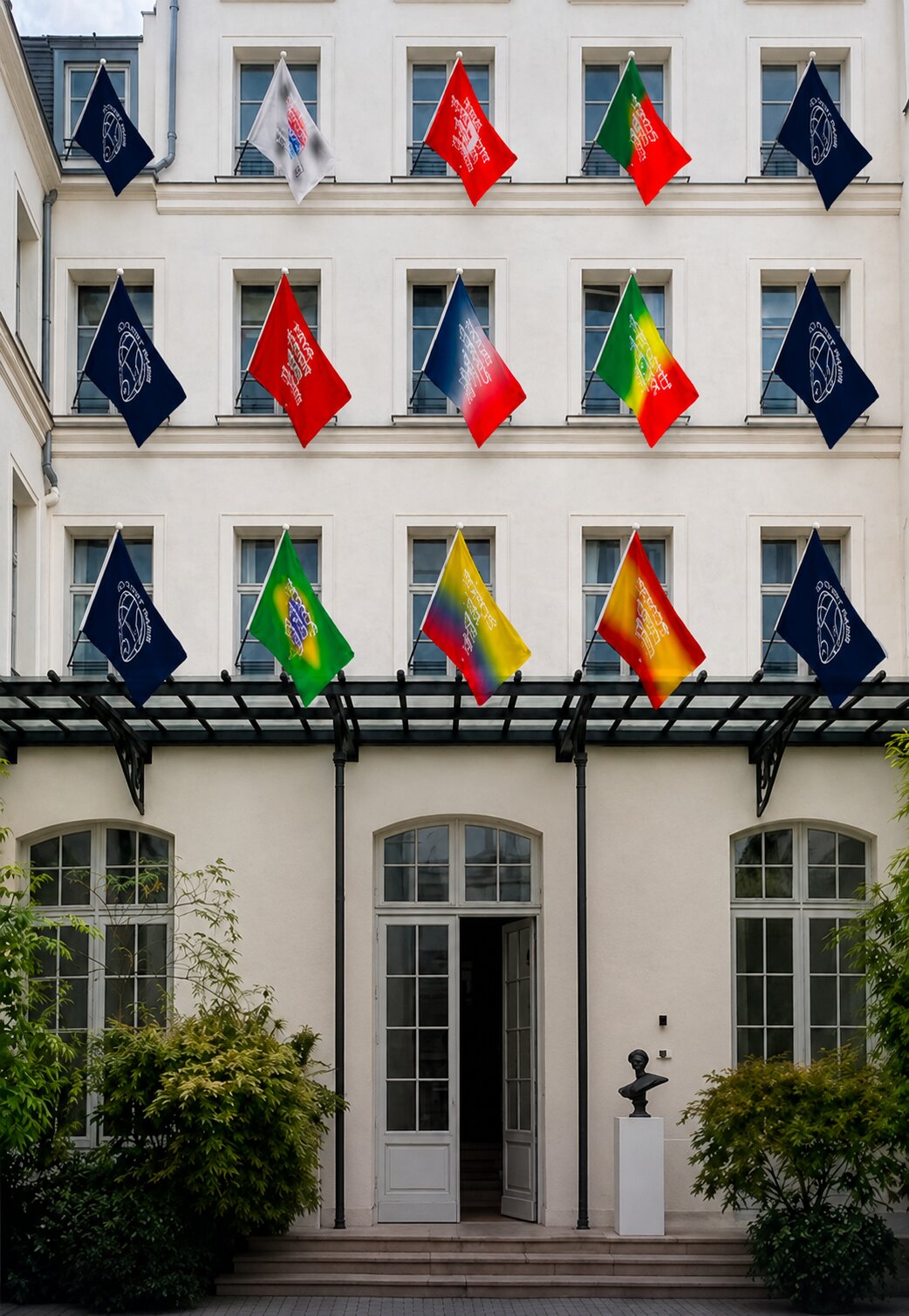La façade la Maison PSG est ornée des drapeaux de la nationalité des jours évoluant au club.  - © PSG