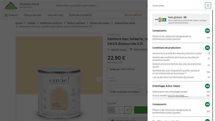 Depuis la fiche produits, Leroy Merlin indique à ses clients la note Home Index. - © D.R.