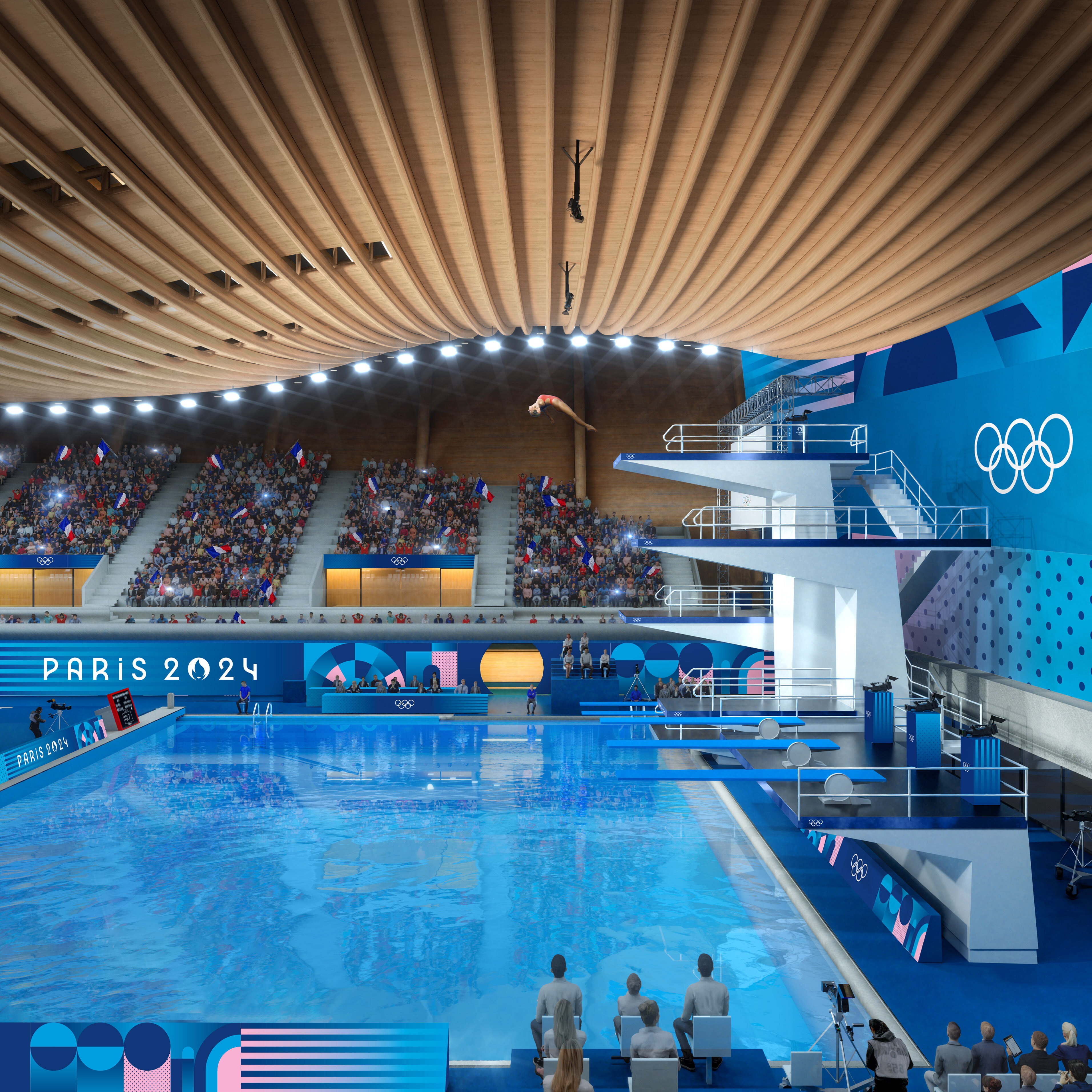 Maquette 3D du futur Centre aquatique éclairé par SLX - © Aquatics Centre : Paris 2024 / A 2/3/4 et Venhoeven CS