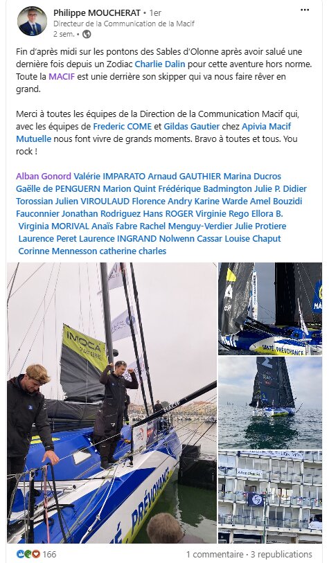 Départ de l’Imoca de Charlie Dalin aux couleurs de la Macif relaté par Philippe Moucherat sur Linkedin - © Linkedin / Philippe Moucherat