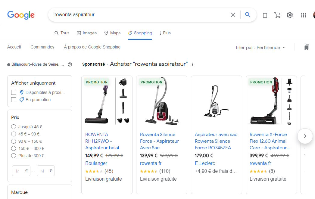 Rowenta a ajouté de la personnalisation des pages sur lesquelles les internautes accèdent depuis une requête sur Google Shopping. - © D.R.