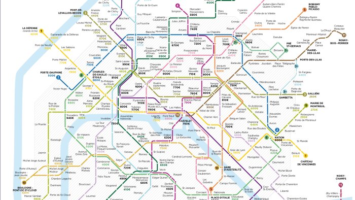 Les valeurs locatives moyennes de bureaux par stations de métro à Paris. - © Cushman &amp; Wakefield