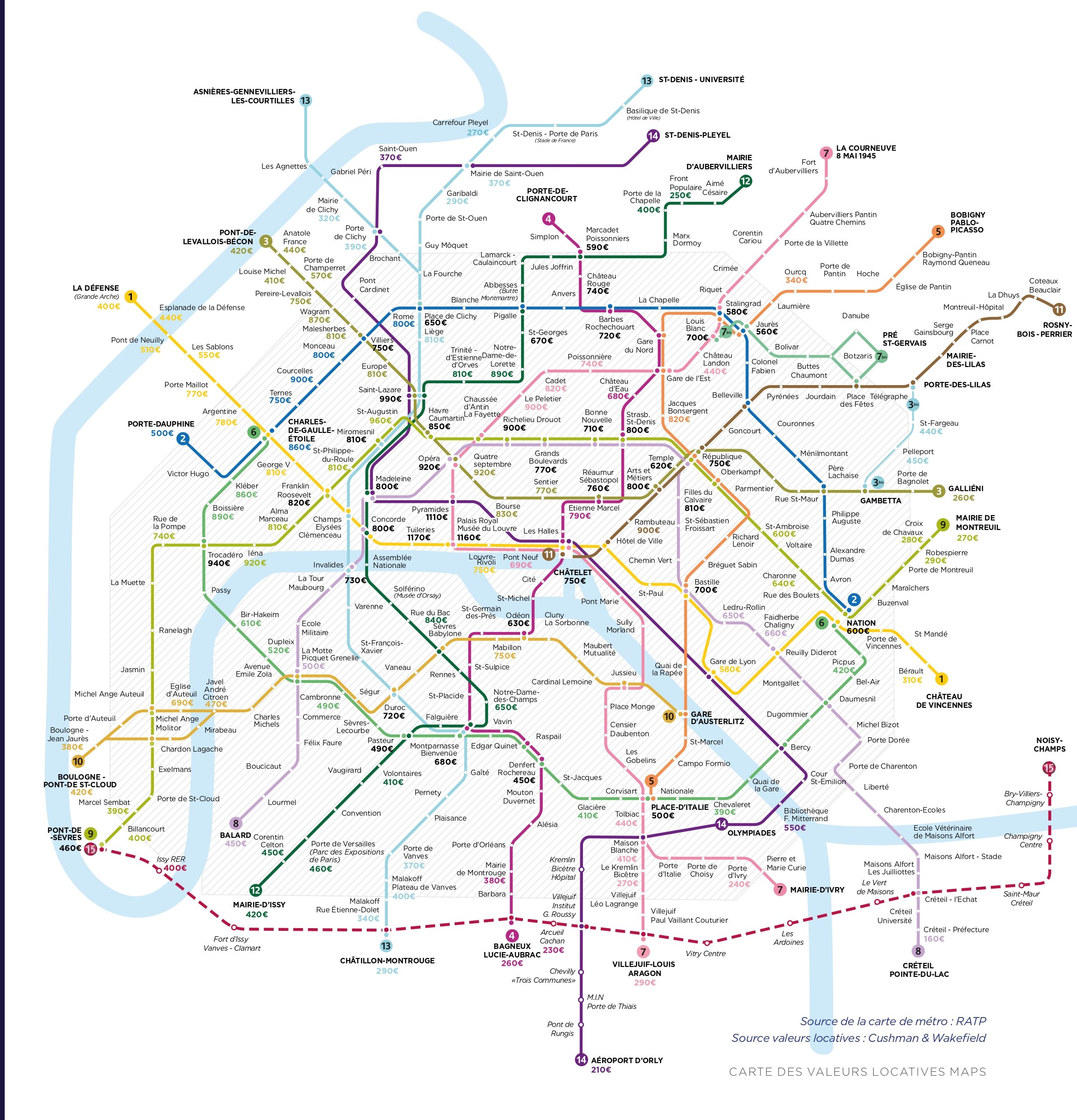 Carte des valeurs locatives par station de métro à Paris. - © Cushman &amp; Wakefield