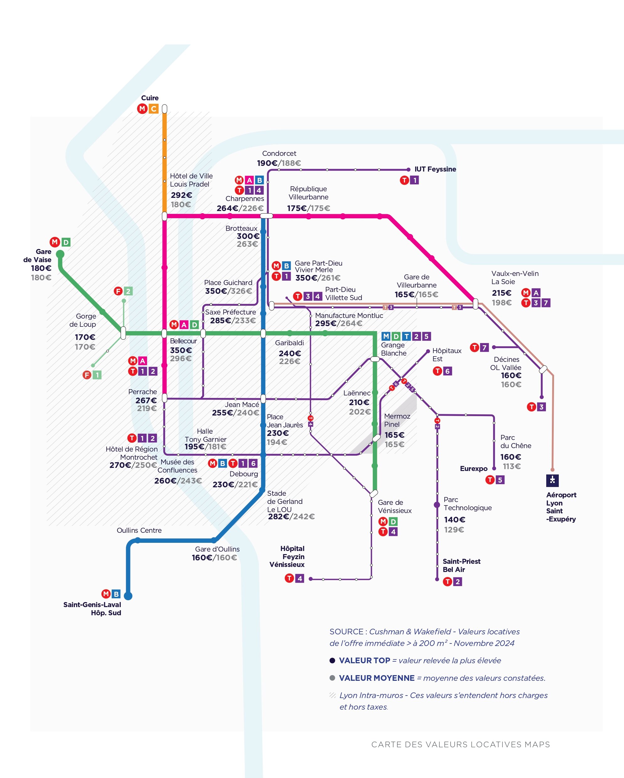 Carte des valeurs locatives par station de métro à Lyon. - © Cushman &amp; Wakefield