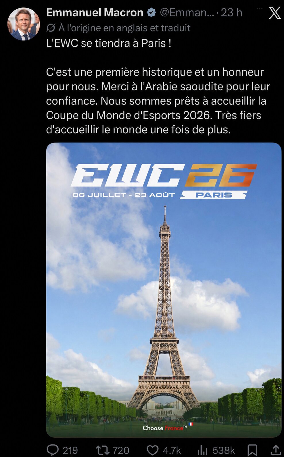 Emmanuel Macron a lui-même annoncé la tenue de l’EWC à Paris sure son compte X. - © D.R.
