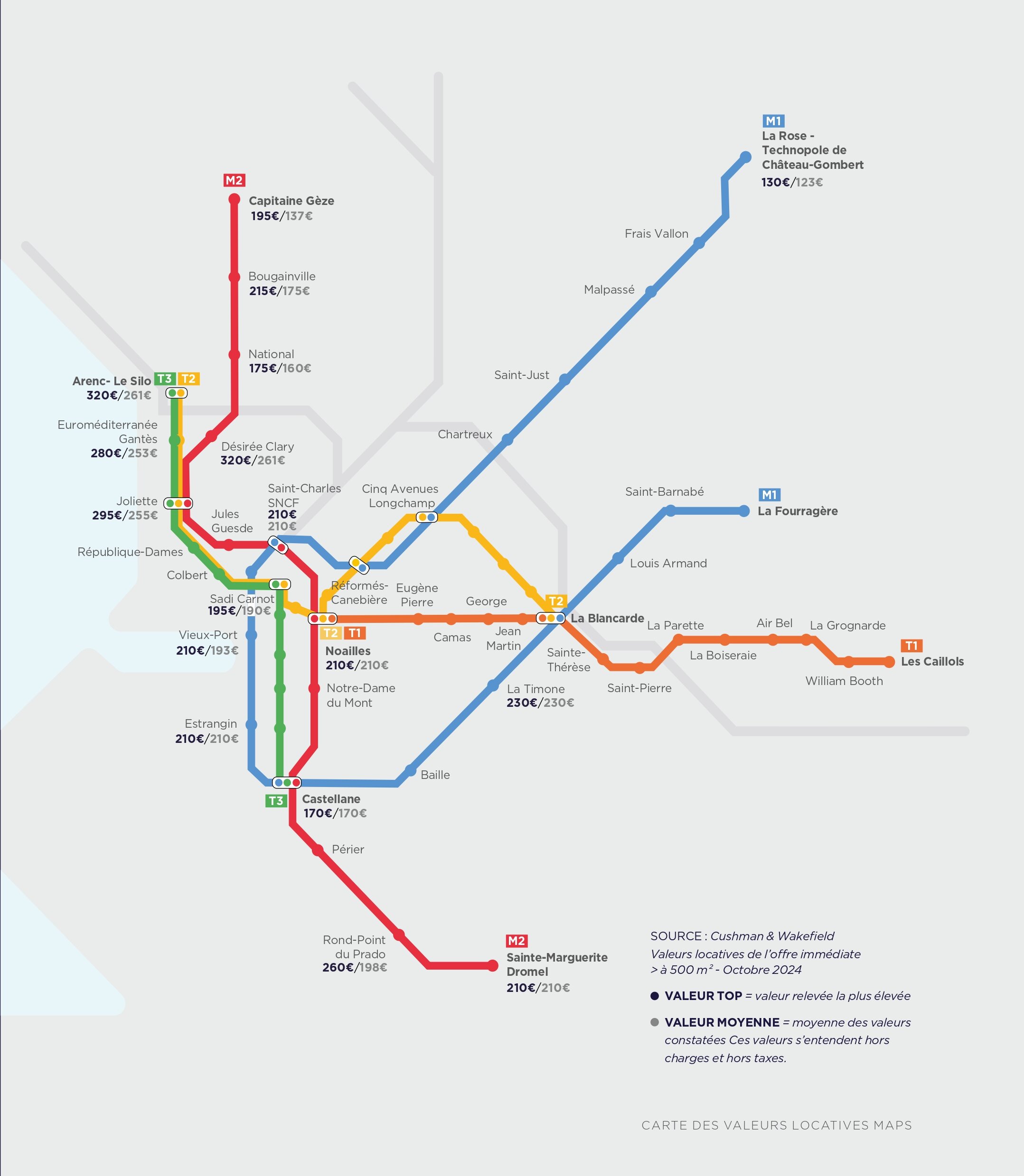 Carte des valeurs locatives par station de métro à Marseille. - © Cushman &amp; Wakefield