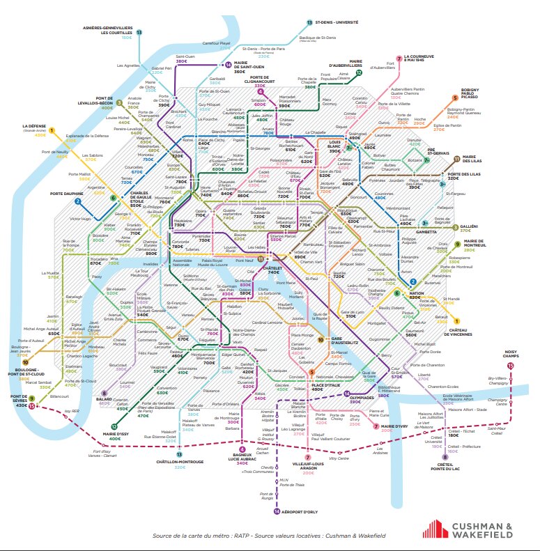 Carte des valeurs locatives par métro à Paris et en Ile-de-France - © Cushman &amp; Wakefield