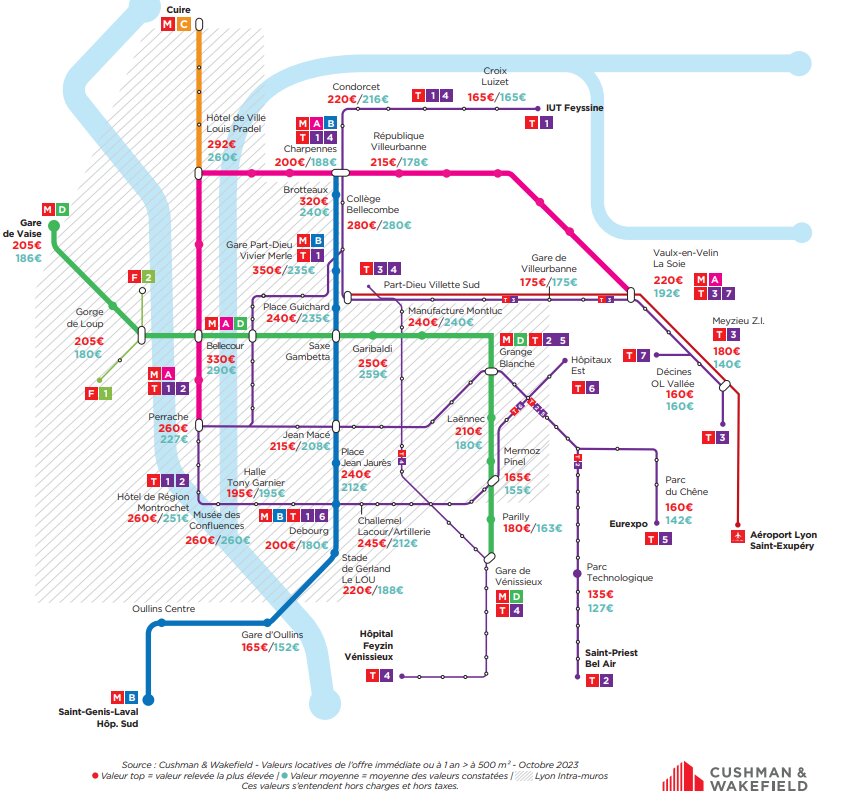 Carte des valeurs locatives par métro à Lyon - © Cushman &amp; Wakefield