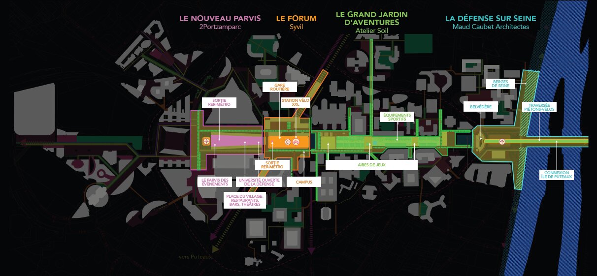 Les 4 propositions architecturales pour une nouvelle expérience de La Défense.  - © Atelier Soil