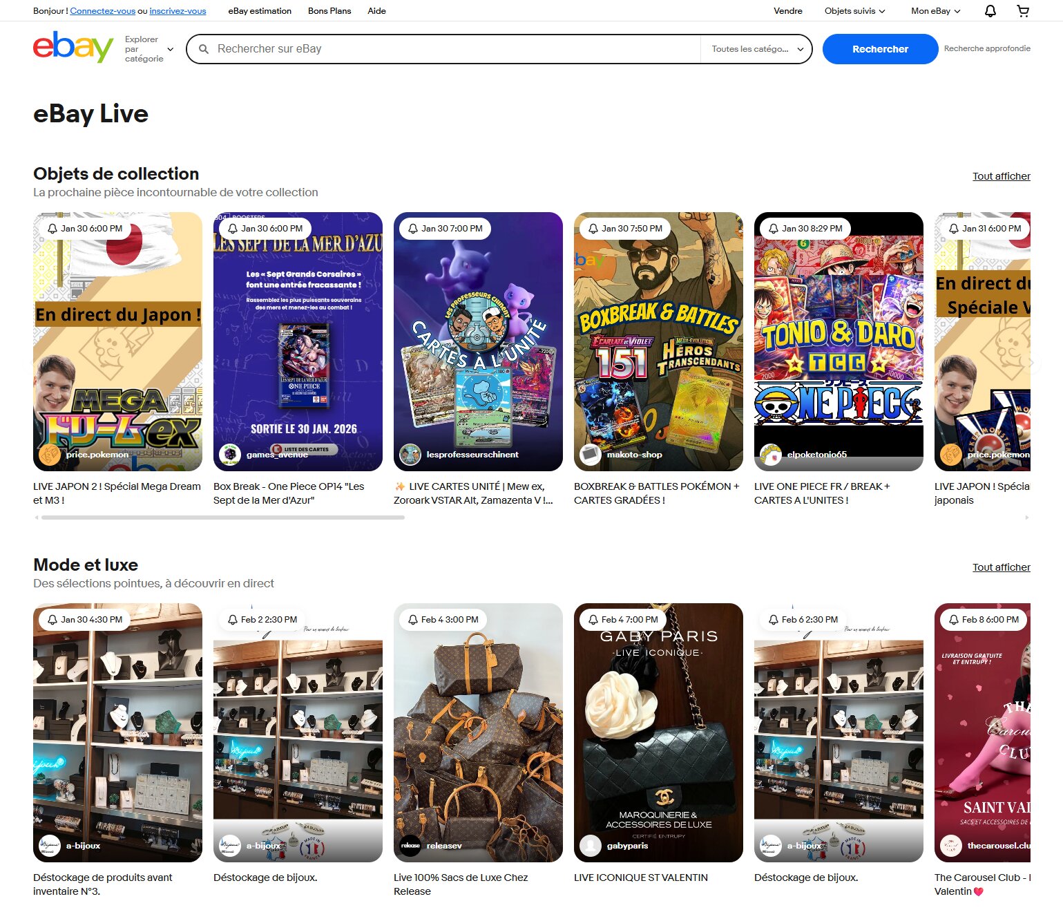 Une page dédiée eBay live affiche les prochains live programmés. - © Ebay