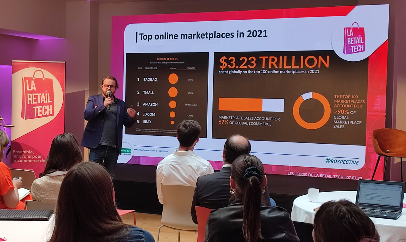 Guillaume Rio de L’Echangeur BNP Paribas Finance, présente des chiffres sur les marketplaces à l’international, lors des Jeudis de la Retail Tech. - © Républik Retail