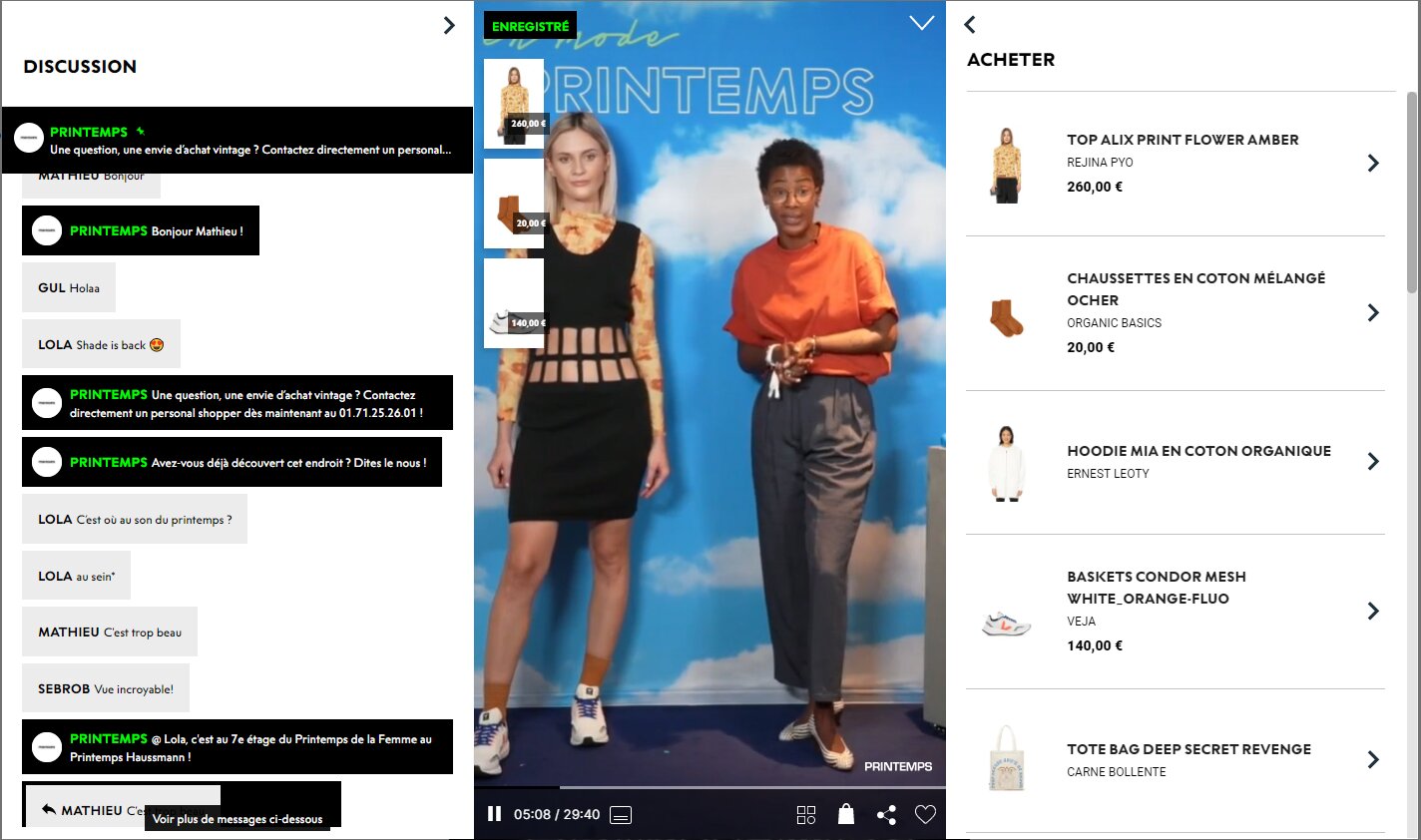 Printemps a réalisé un live shopping en présentant une robe Jean-Paul Gaultier accessoirisée avec divers articles vendus au Printemps et labelisé « unis vers le beau responsable », le label maison qui valorise les produits éco-responsables. - © Printemps