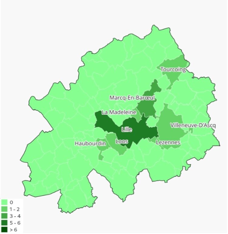 Nombres d’immeubles de bureaux de plus de 1000 m² vides depuis plus de 2 ans dans la métropole lilloise - © Consortium des Bureaux en France