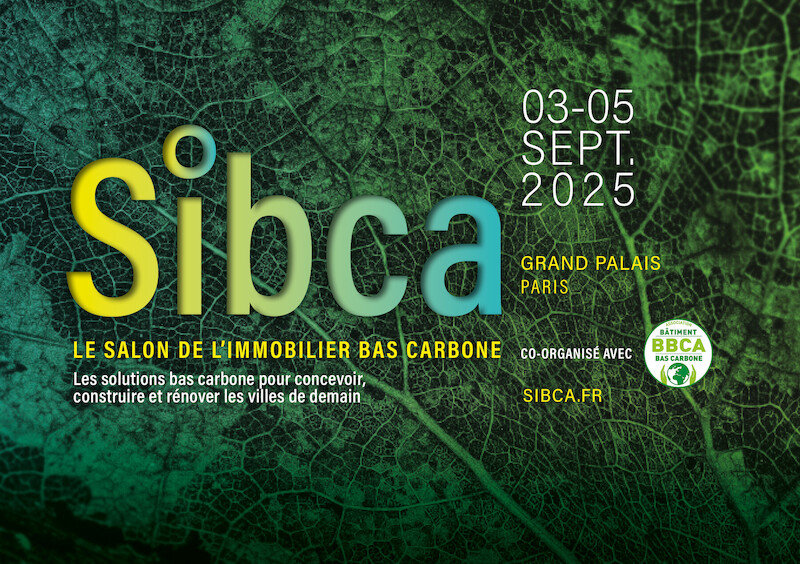 Affiche officielle du SIBCA 2025 présentant les dates de l’événement au Grand Palais à Paris, sur fond de feuille verte symbolisant le bas carbone.