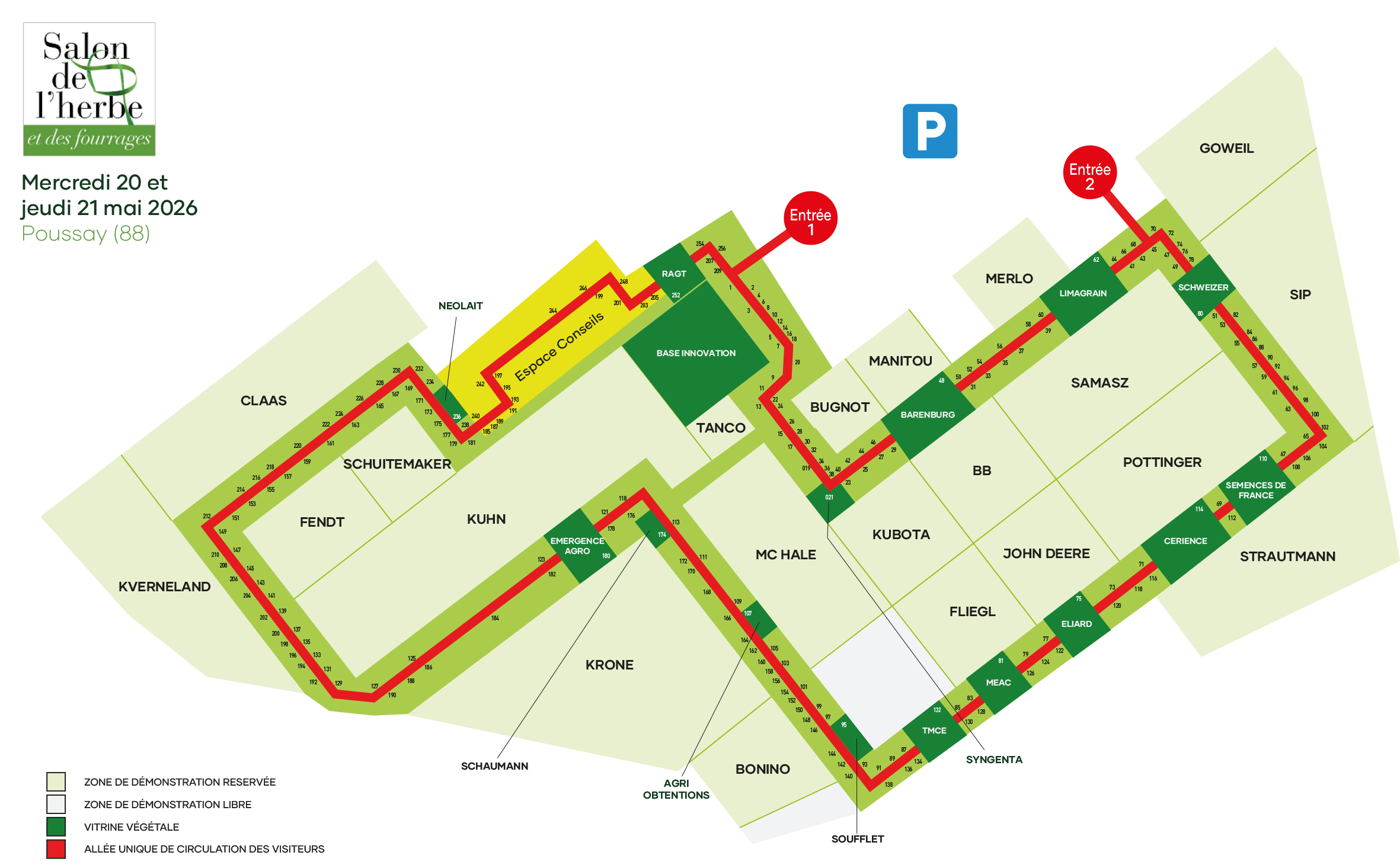 Découvrez le plan général du Salon de l'herbe et des fourrages 2026. Un rendez-vous conçu comme une véritable exploitation agricole avec 30 hectares de démonstration de matériel et 2 hectares de vitrine fourragère, soit la plus grande vitrine végétale de France.
