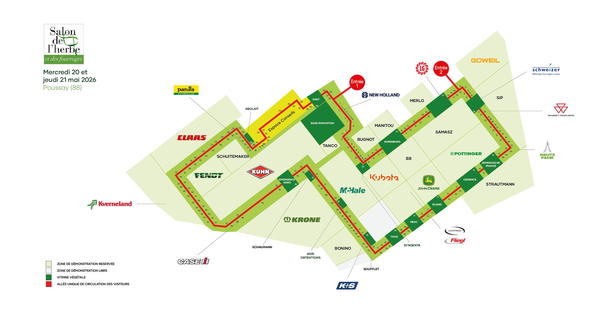 Découvrez le plan général du Salon de l'herbe et des fourrages 2026. Un rendez-vous conçu comme une véritable exploitation agricole avec 30 hectares de démonstration de matériel et 2 hectares de vitrine fourragère, soit la plus grande vitrine végétale de France.
